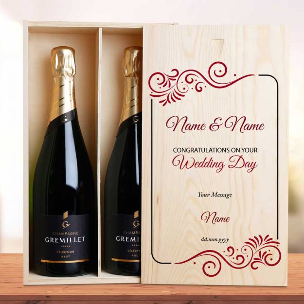 Congratulations On Your Wedding Day Personalised Double Wooden Champagne Box