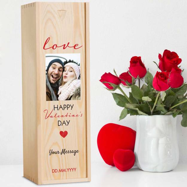Love Happy Valentine's Day Any Photo - Personalised Wooden Single Wine Box