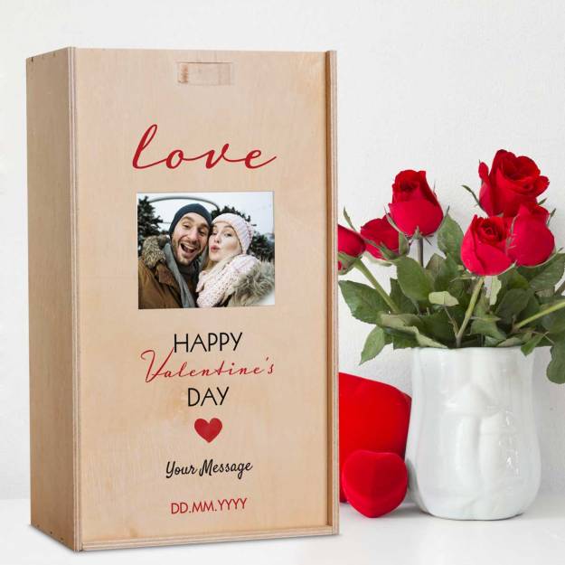 Love Happy Valentine's Day Any Photo - Personalised Wooden Double Wine Box