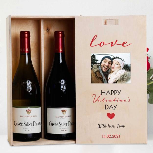Love Happy Valentine's Day Any Photo - Personalised Wooden Double Wine Box