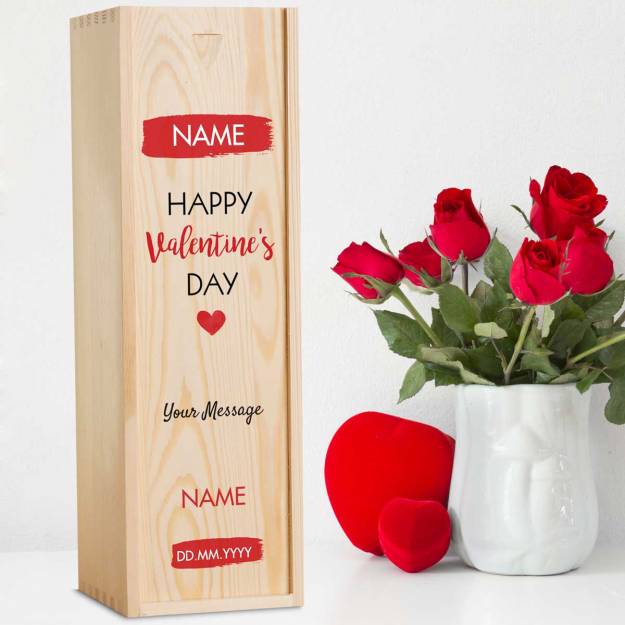 Happy Valentine's Day Heart - Personalised Wooden Single Wine Box