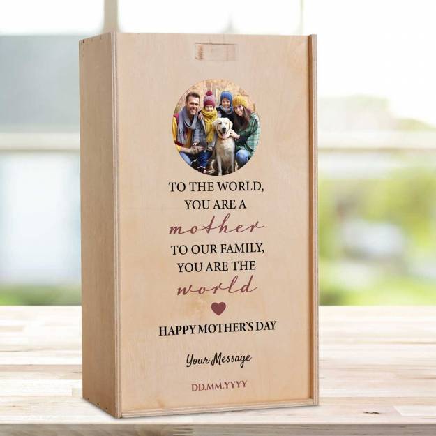 To The World, You Are A Mother, To Our Family, You Are The World - Personalised Wooden Double Wine Box