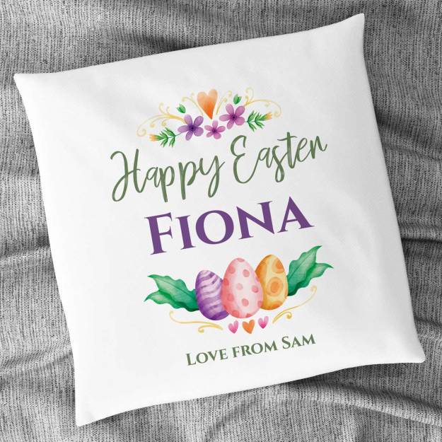 Happy Easter Any Name And Message Eggs And Flowers Personalised Cushion Square