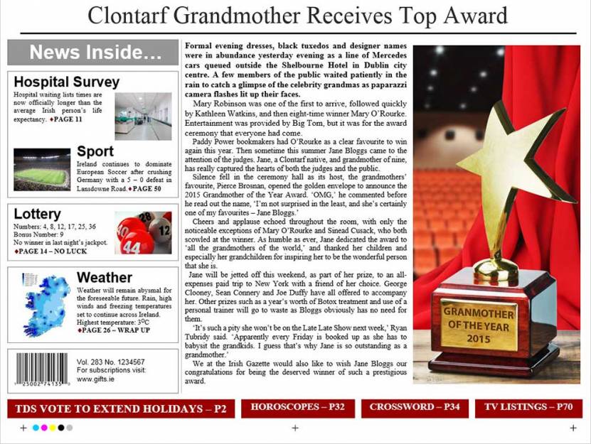 Grandmother of the Year - Newspaper Spoof