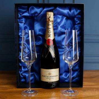 Moet & Chandon Champagne with Crystal Flutes in Gift Box - Engraving Optional