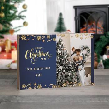 Any Photo And Message Merry Christmas Blue Design - Wooden Photo Blocks