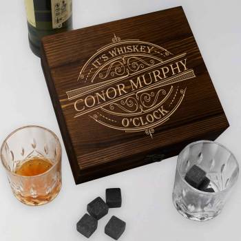 Any Name It's Whiskey O'Clock - Personalised 2 Glasses Wooden Boxed Whiskey Set