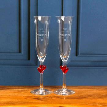 Mr And Mrs - Pair Of Personalised Red Hearts Champagne Flute