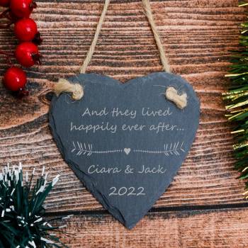 Any Text and Couple Name - Personalised Heart Slate Hanging Decoration