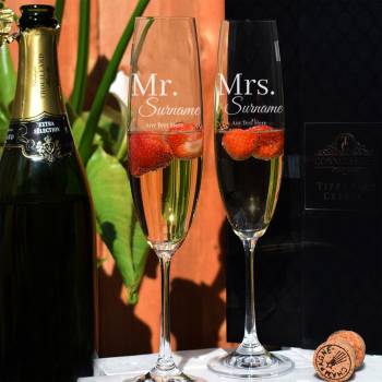 Mr. & Mrs. Surname Personalised Set of 2 Champagne Flutes in Gift Box from Tipperary Crystal