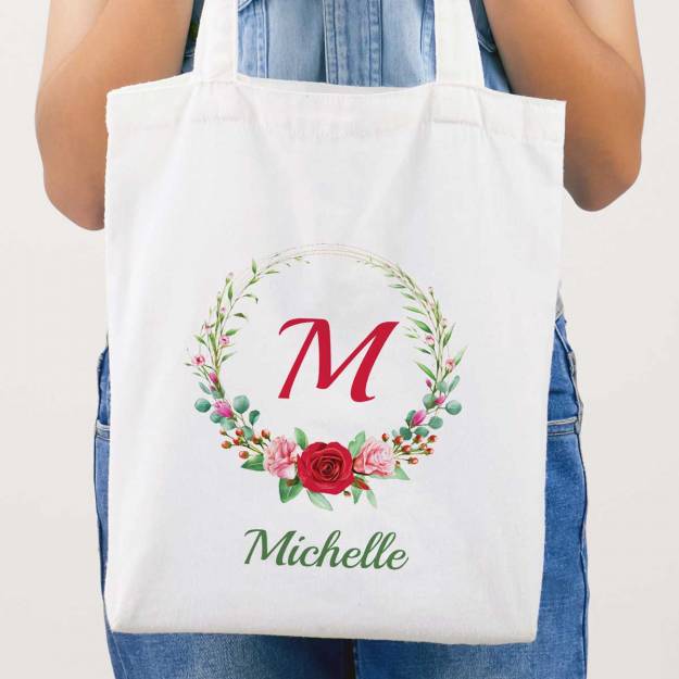 Initial And Name Flowers Personalised Tote Bag