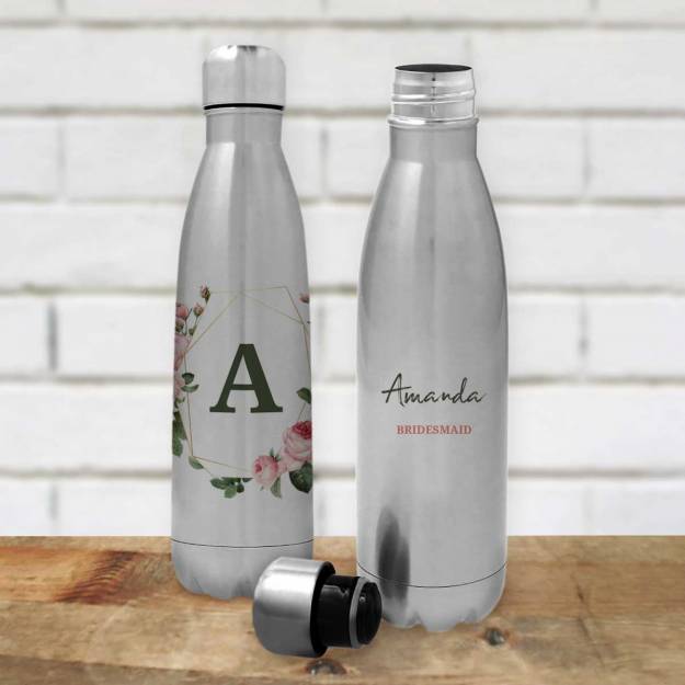 Any Name And Initials Pink Floral - Personalised Stainless Steel Bottle