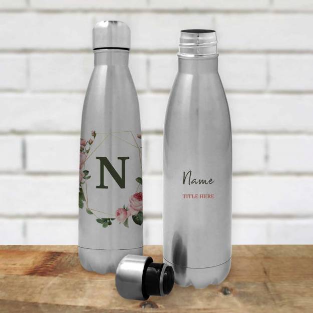 Any Name And Initials Pink Floral - Personalised Stainless Steel Bottle