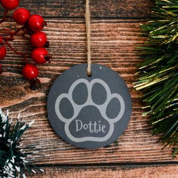 Any Name Pet's Paw - Personalised Round Slate Hanging Decoration