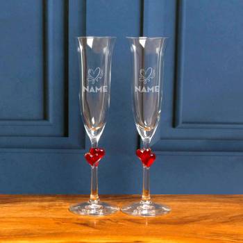 Heart And Names - Pair Of Personalised Red Hearts Champagne Flute