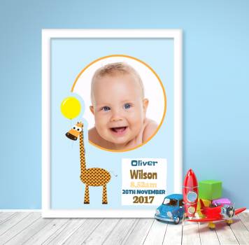 Giraffe holding a Balloon Baby Boy Personalised Poster