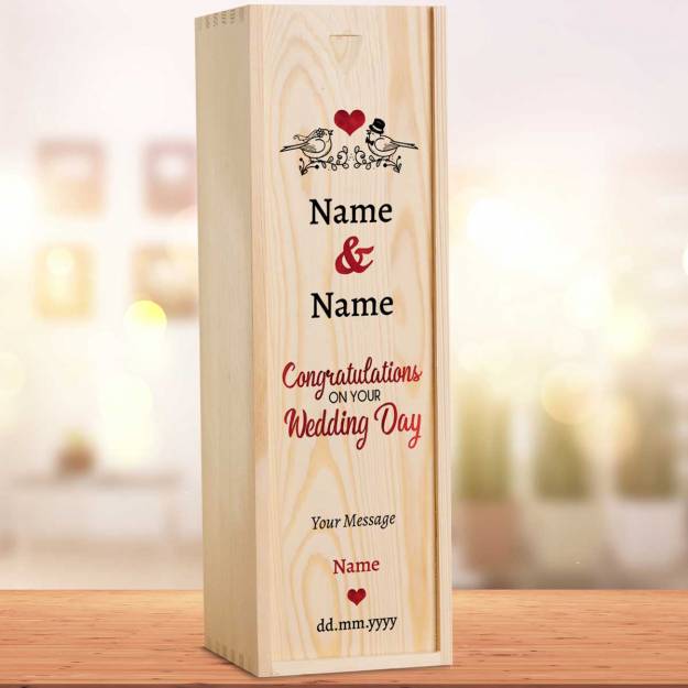 Congratulations On Your Wedding Day Birds Personalised Single Wooden Champagne Box