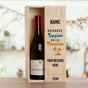 Goodbye Tension Hello Pension on the Beach - Personalised Wooden Single Wine Box