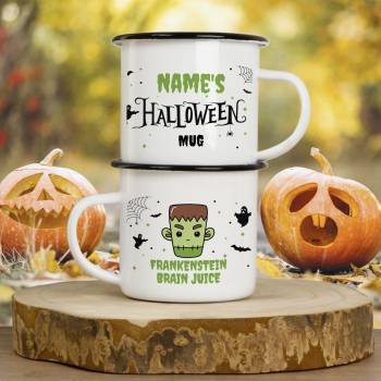 Name's Halloween Mug, Frankenstein Brain Juice - Personalised Enamel Mug