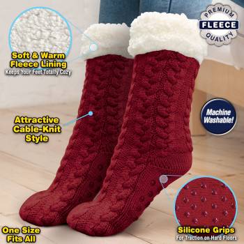Huggle Socks, Fleece Slipper Crew Socks with Non-Slip Grips, Burgundy