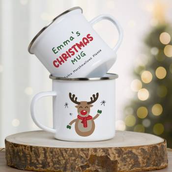 Any Name Christmas Mug Reindeer - Personalised Enamel Mug