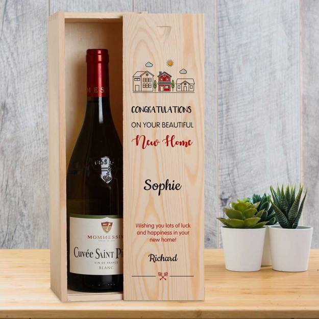 New Home Personalised Wooden Single Wine Box (INCLUDES WINE)