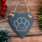Any Name Pet's Paw - Personalised Heart Slate Hanging Decoration