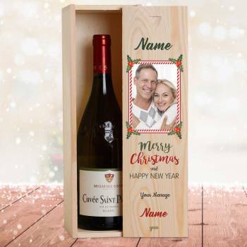 Any Photo Any Name Christmas Berries Personalised Wooden Single Wine Box