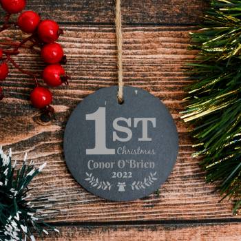 First Christmas - Personalised Round Slate Hanging Decoration
