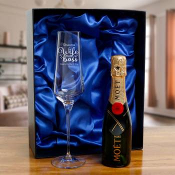 Wife, Mam, Boss - Personalised Crystal Flute with Snipe Bottle in Gift Box