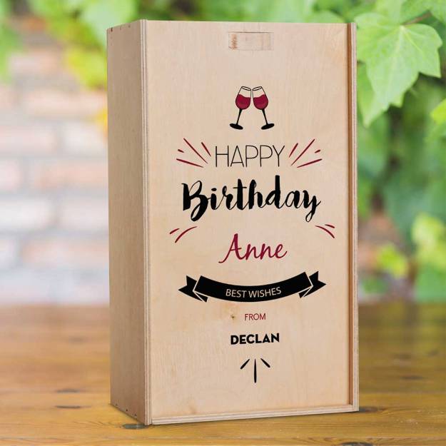 Best Wishes Birthday Personalised Wooden Double Wine Box (INCLUDES WINE)