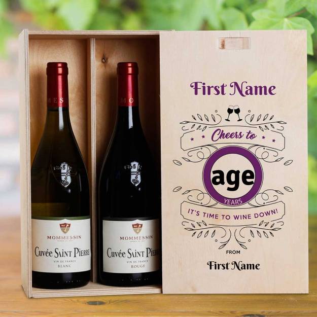 Cheers Birthday Purple Personalised Wooden Double Wine Box (INCLUDES WINE)
