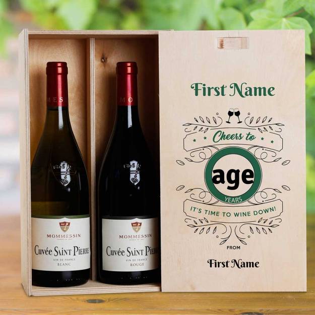 Cheers Birthday Green Personalised Wooden Double Wine Box (INCLUDES WINE)