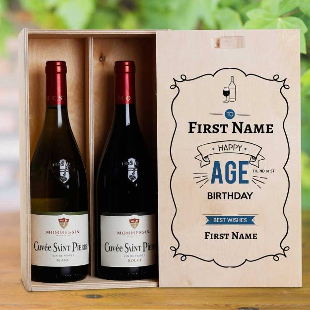 Frame Blue Design Birthday Personalised Wooden Double Wine Box (INCLUDES WINE)