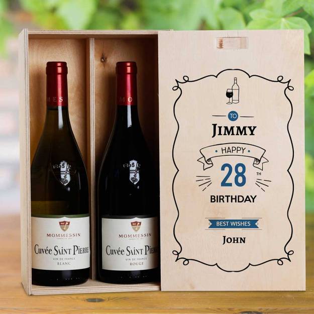 Frame Blue Design Birthday Personalised Wooden Double Wine Box (INCLUDES WINE)