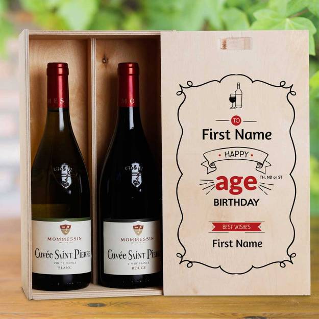 Frame Red Design Birthday Personalised Wooden Double Wine Box (INCLUDES WINE)