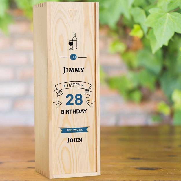 Happy Birthday Blue Design Personalised Wooden Single Wine Box (INCLUDES WINE)
