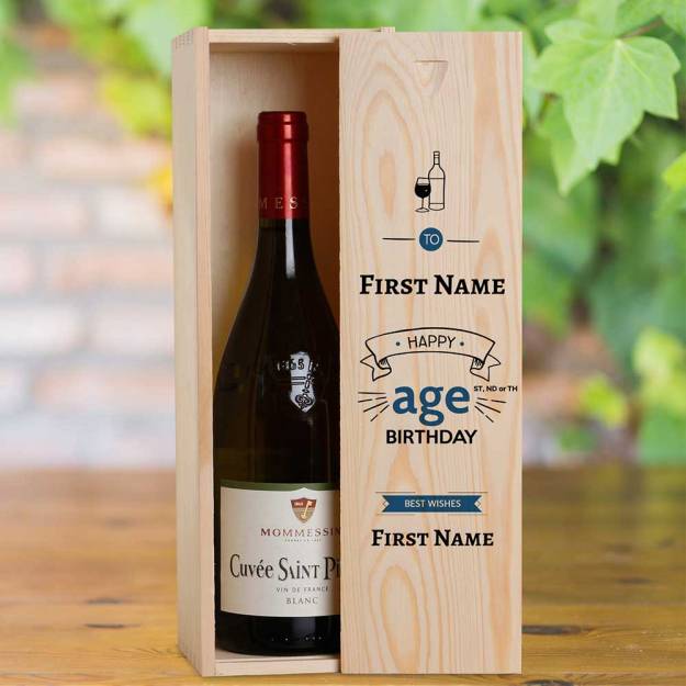 Happy Birthday Blue Design Personalised Wooden Single Wine Box (INCLUDES WINE)