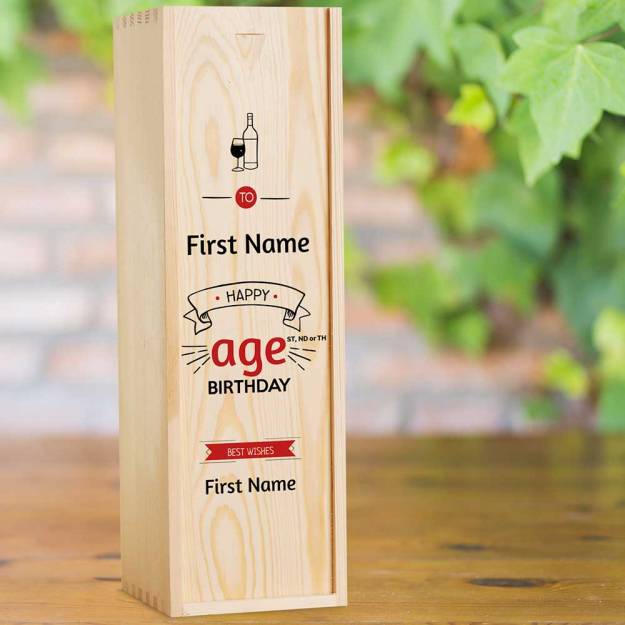 Happy Birthday Red Design Personalised Wooden Single Wine Box (INCLUDES WINE)