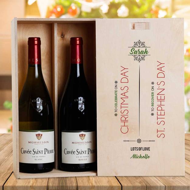 Christmas & Stephens Day Personalised Wooden Double Wine Box (INCLUDES WINE)