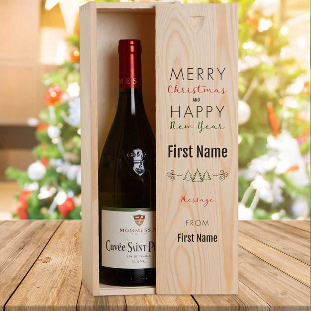 Merry Christmas Design 4 Personalised Wooden Single Wine Box (INCLUDES WINE)