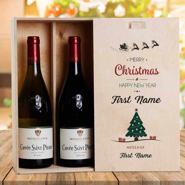 Christmas Tree Design Personalised Wooden Double Wine Box (INCLUDES WINE)