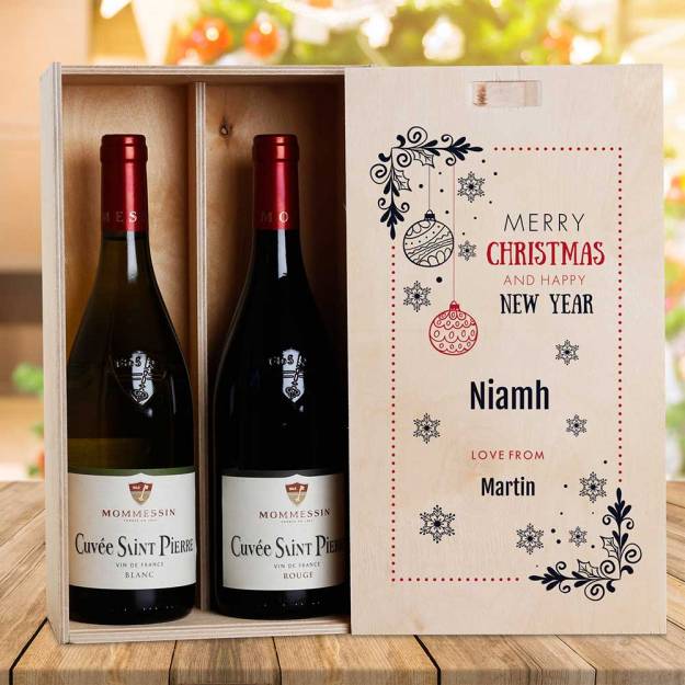 Christmas Bauble Design Personalised Wooden Double Wine Box (INCLUDES WINE)