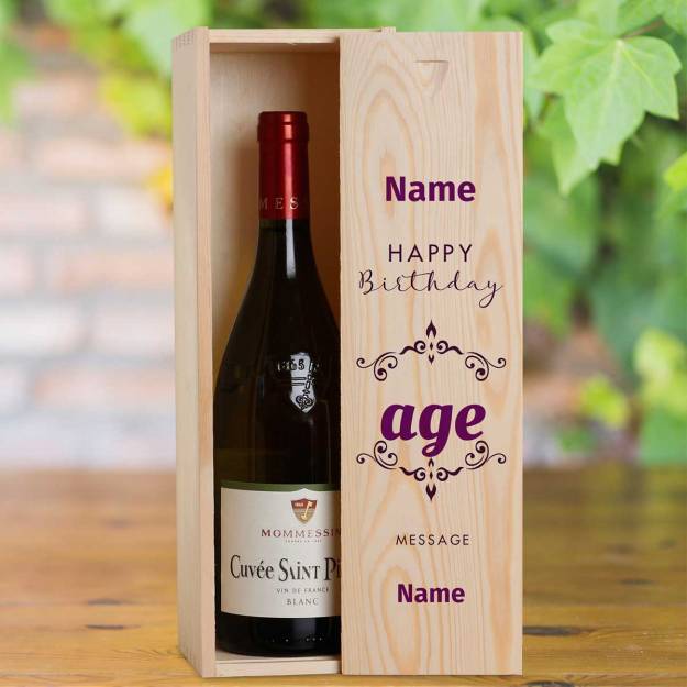 Happy Birthday Age Purple Design Personalised Wooden Single Wine Box (Includes Wine)