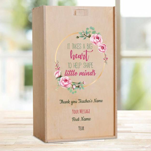 Thank You Teacher Flowers Personalised Wooden Double Wine Box (Includes Wine)