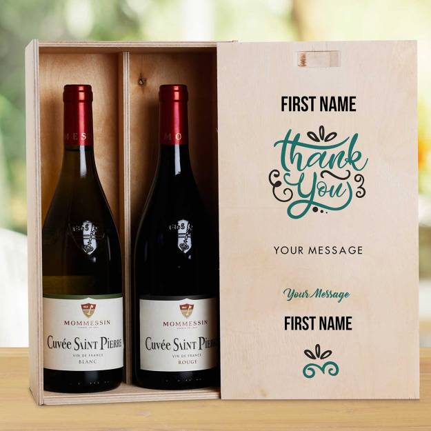 Thank You Green Personalised Wooden Double Wine Box (Includes Wine)