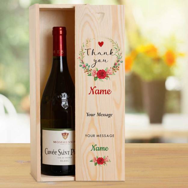 Many Thanks Flowers Personalised Wooden Single Wine Box (Includes Wine)