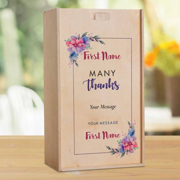 Many Thanks Flowers Personalised Wooden Double Wine Box (Includes Wine)