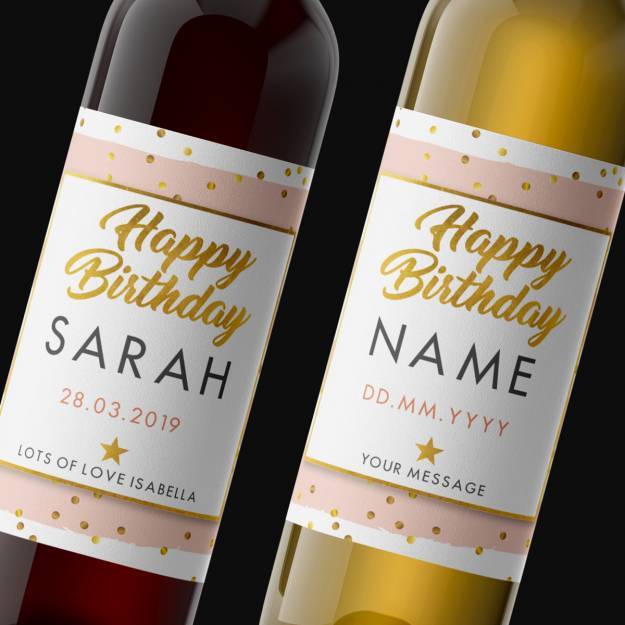 Happy Birthday Any Message Pink Stripes Personalised Wine