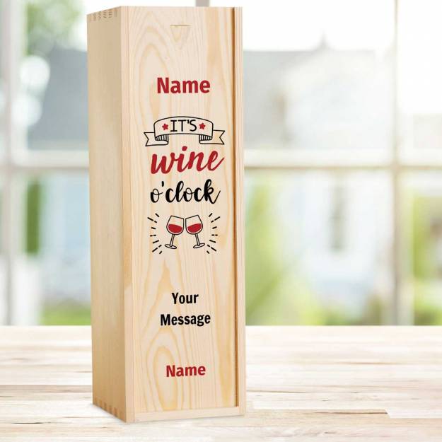 It's Wine O'Clock Personalised Wooden Single Wine Box (Includes Wine)